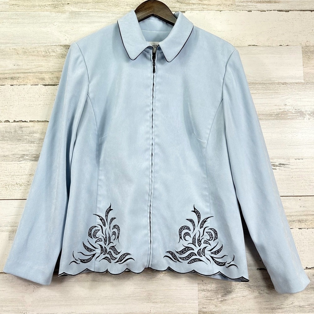 Studio I Light Blue Embroidered Microbiber Sueded Zip Front Jacket Womens‎ 12